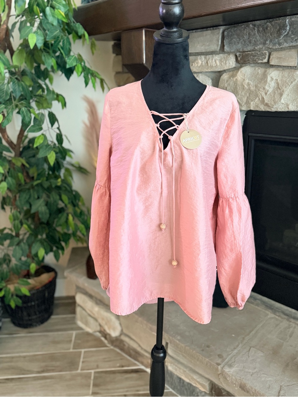 APRICOT Blush Pink Lace-Up V-Neck Balloon Sleeve Blouse bought in London